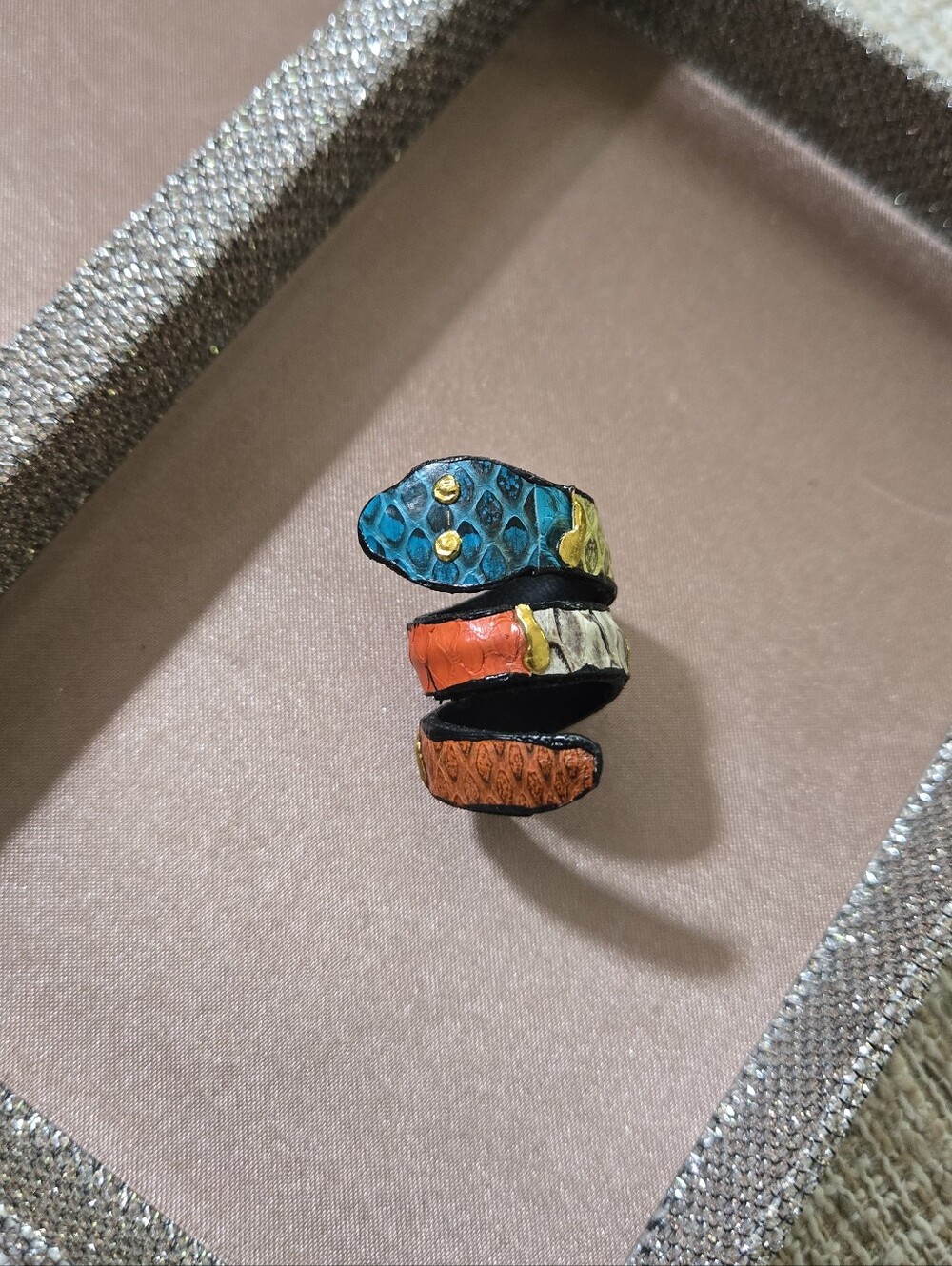 Hand Painted Leather Snake Wrap Ring - Picture 3 of 7